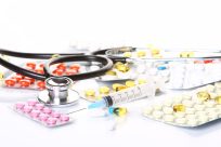 Close up of stethoscope with different pharmaceutical stuff